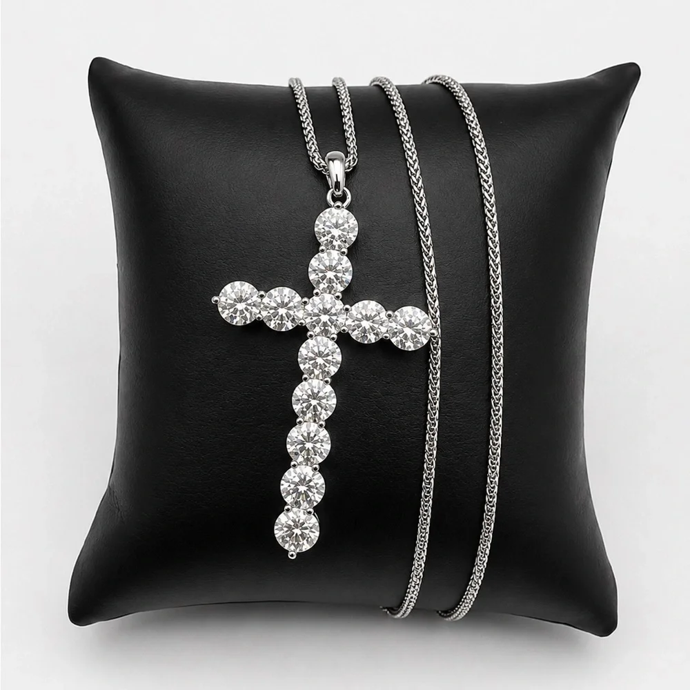 925 Sterling Silver 6.00CT MOISSANITE Cross Pendant Necklace Size 18”